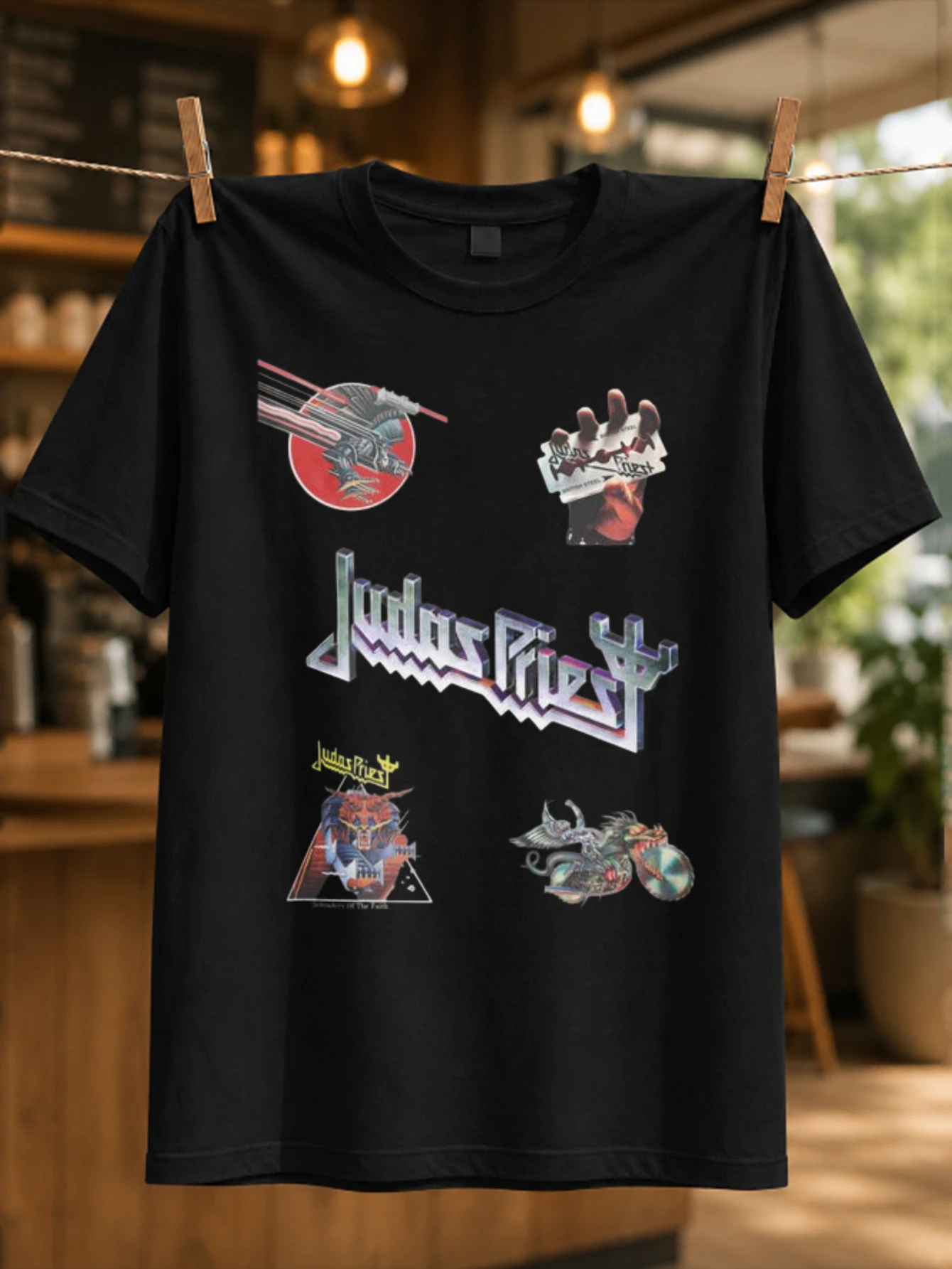 Judas Priest Multi Graphic metallic logo surrounded by album style icons and fantasy creature art  Unisex All T-Shirt