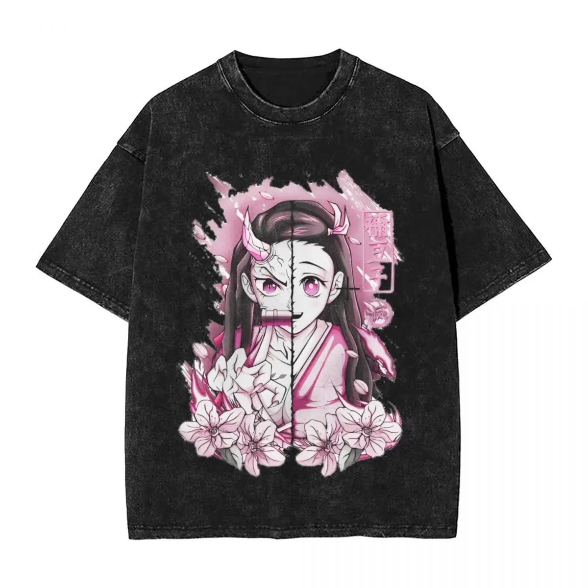 Demon Slayers Kamado Nezuko T Shirt Hip Hop Washed Short Sleeve Street T-ShirtsComic Men Women Tops Streetwear Printed Tee Shirt