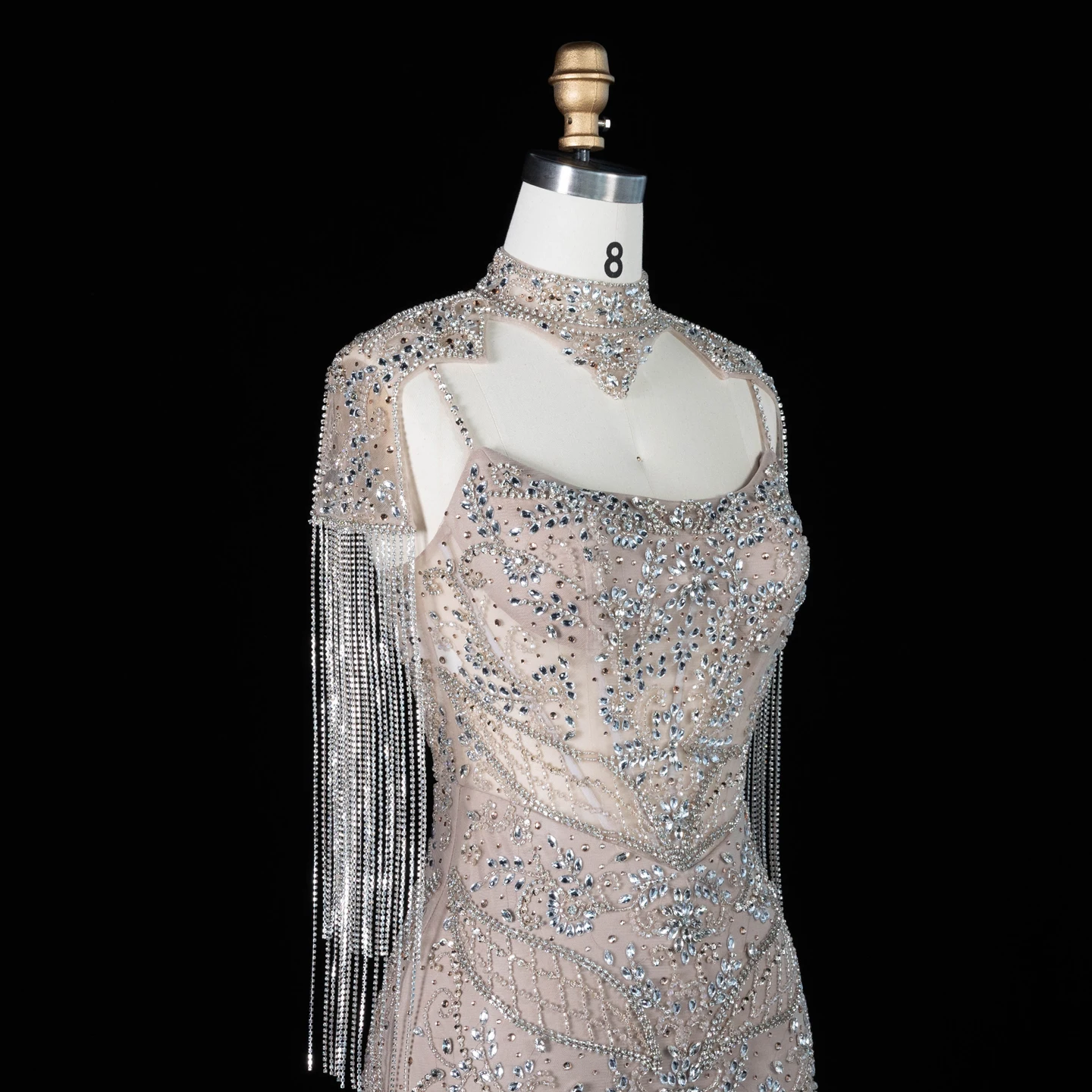 Sharon Said Luxuriöses Champagner-Abendkleid mit hohem Kragen, Spaghettiträgern, Quastenumhang, Meerjungfrauen-Schnitt, für formelle Anlässe, Partykleid SS182, maßgeschneidert – Detail 6