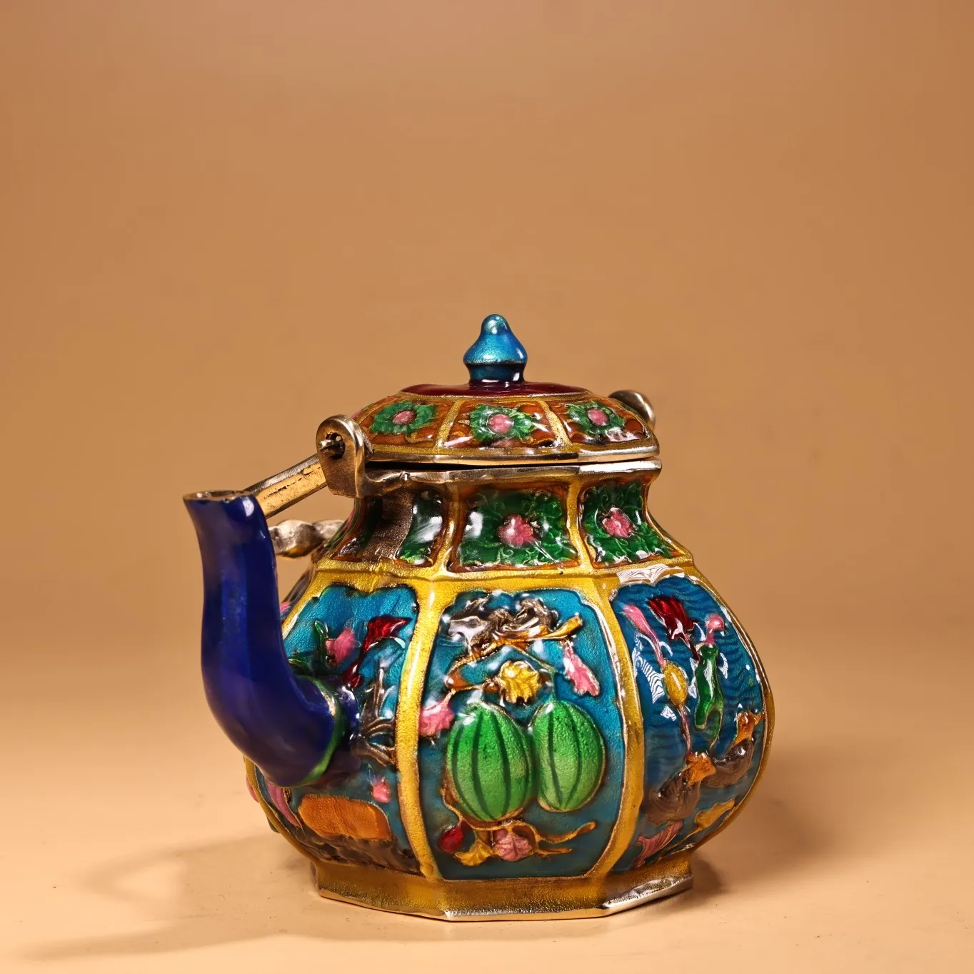 

5"Tibetan Temple Collection Old Bronze Cloisonne Enamel Auspicious Eight Treasures Gossip teapot flagon kettle Office Ornaments