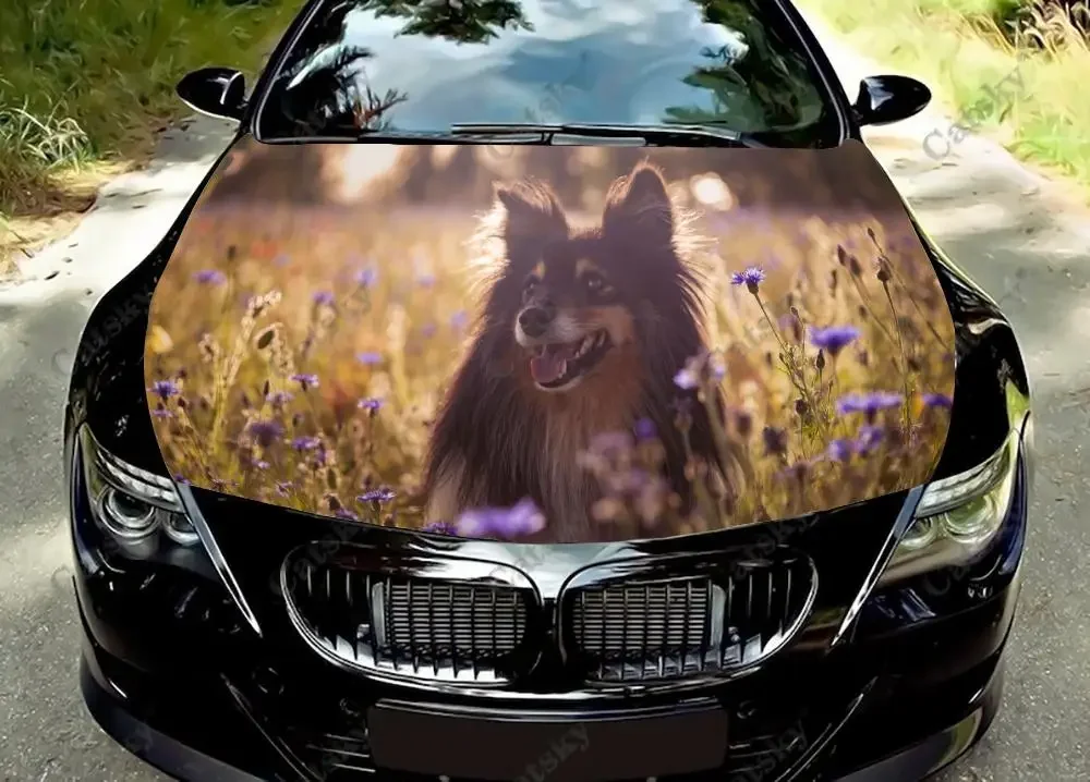 Dog In Flowery Meadow Car Hood Vinyl Stickers Wrap Vinyl Film Engine Cover Decals Sticker on Car Auto Accessories