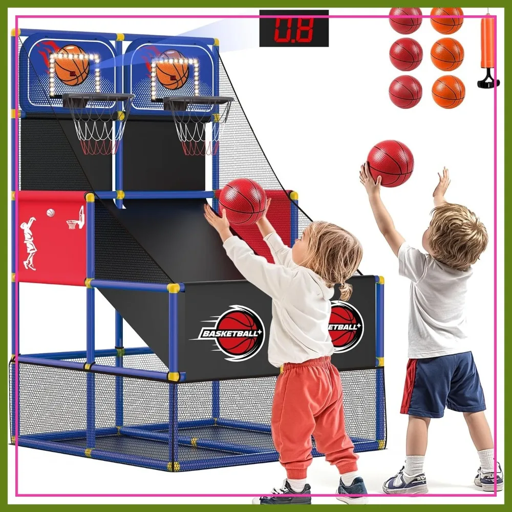 

Double Basketball Hoop Arcade Game Set with 6 Balls, Electronic Scoreboard & LED Light, Indoor Outdoor Play, Birthday Gift for 3-8 Year Old
