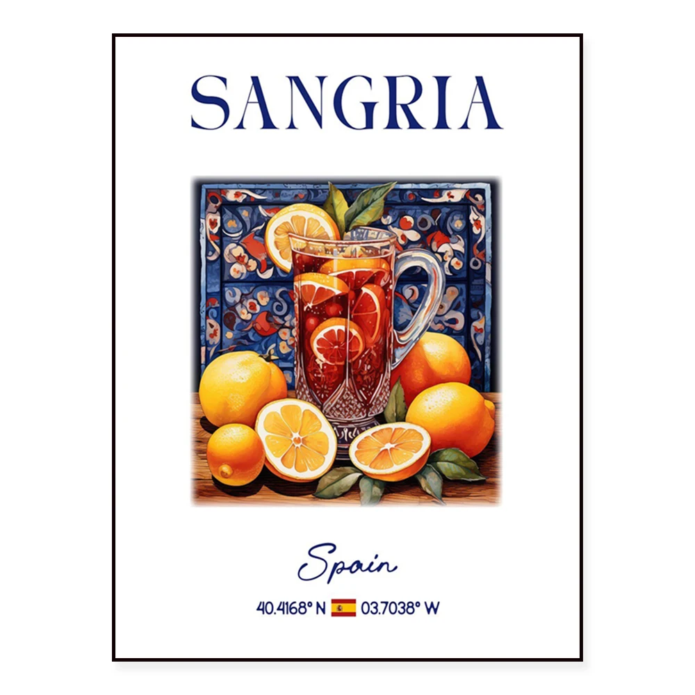 Gazpacho, tradicional italiano, patatas picantes, donuts, souvlaki, cocina griega, azulejos azules, cartel de cocina y cafetería