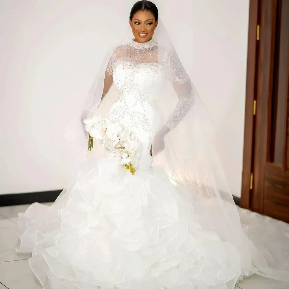 

Customized Shinny Beads High Collar Mermaid Wedding Dress Sweep Train Organza Multi-Layered Skirt Long Sleeves Bridal Gown