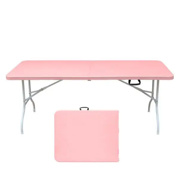 

8Ft Pink Folding Table, Portable Plastic For Camping, Picnics, Parties, High Load Bearing Foldable Table