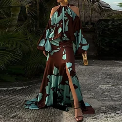 Vintage Pattern Printed Waist Bohemian Dress Sexy Hollow Out Shoulder Swing Long Dress Autumn Vintage Long Sleeved Holiday Dress