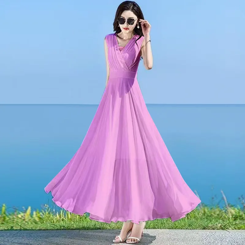 Mulheres vestido de chiffon sólido sem mangas longo balanço boêmio vestido de praia elegante senhoras verão vestido de festa feminino roupas
