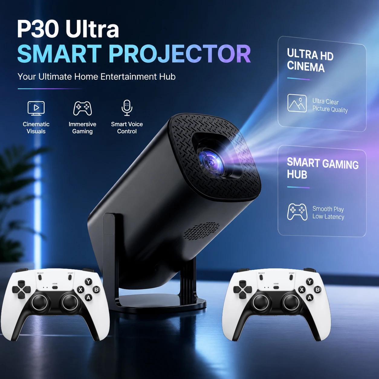 Игровой проектор LINGLAN P30Ultra Dual Player с поддержкой 1080P, двухдиапазонным Wi-Fi, Bluetooth, декодированием 4K и автоматической коррекцией трапецеидальных искажений для спальни, кемпинга и офиса