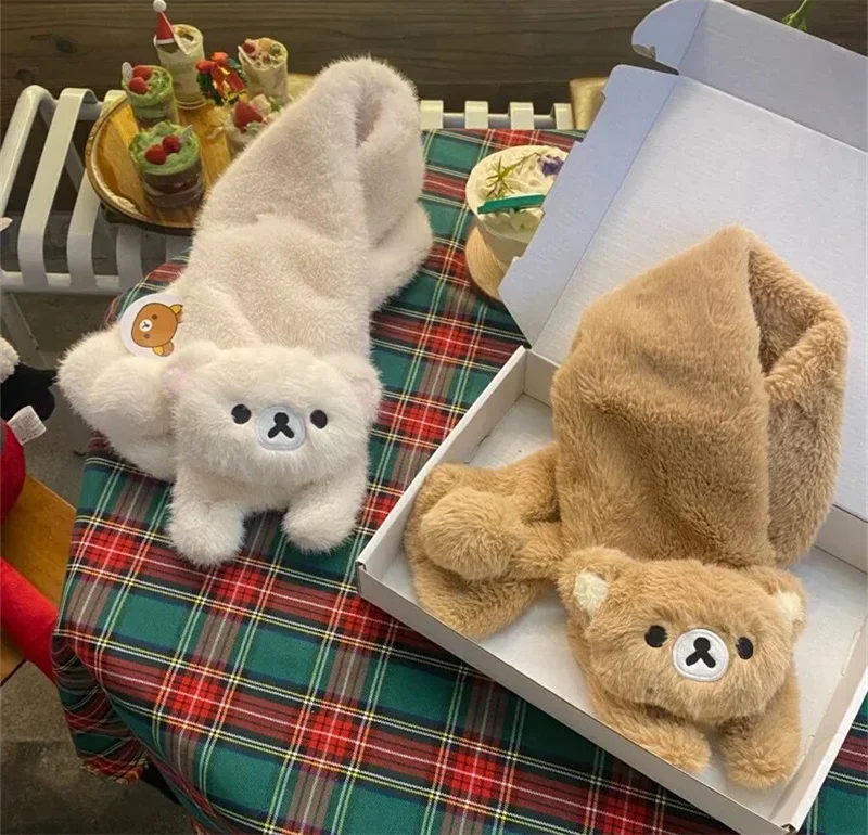 2026 Rilakkuma Korilakkuma Plush Scarf Women Cartoon Bear Kawaii Cute Winter Scarves Neck Warmer