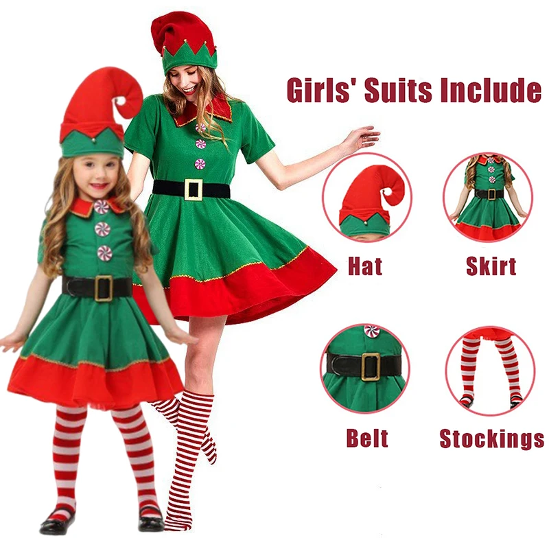 Christmas Santa Claus Costume Green Elf Cosplay Family Carnival Party New Year Fancy Dress Clothes Set For Men Women Girls Boys