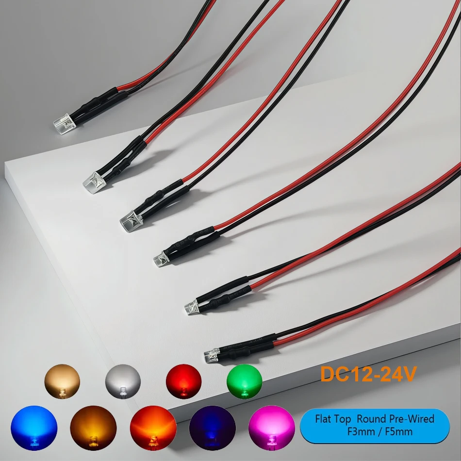 3mm 5mm LED Diode DC12V 24V Flat Top Pre-Wired 20cm  Red Green blue UV pink white RGB slow Water Clear LED With Plastic Holder