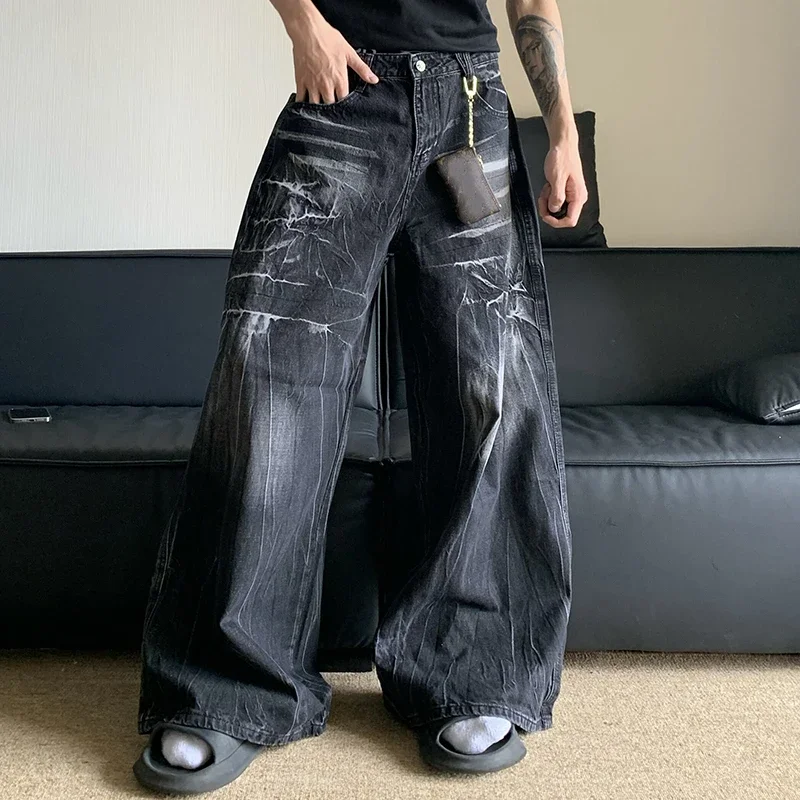 

Fmxires New Y2K American Cleanfit Washed Old Lightning Pattern Vibe Loose Wide Leg Pants Jeans 2025 Male Trousers New Fashion