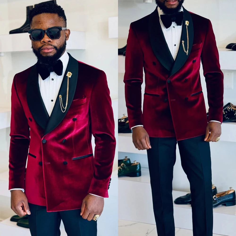 

Классические бархатные свадебные костюмы для жениха, двубортные смокинги с шалью и лацканами, куртка, брюки, вечерняя вечеринка, выпускной, по индивидуальному заказу