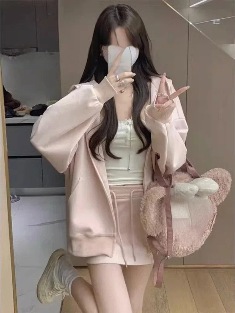 Matching Sets Kangaroo Pocket Zipper Hoodie High Waist Mini Skirts Two Piece Set Sweet Y2k 2024 New Women Clothing