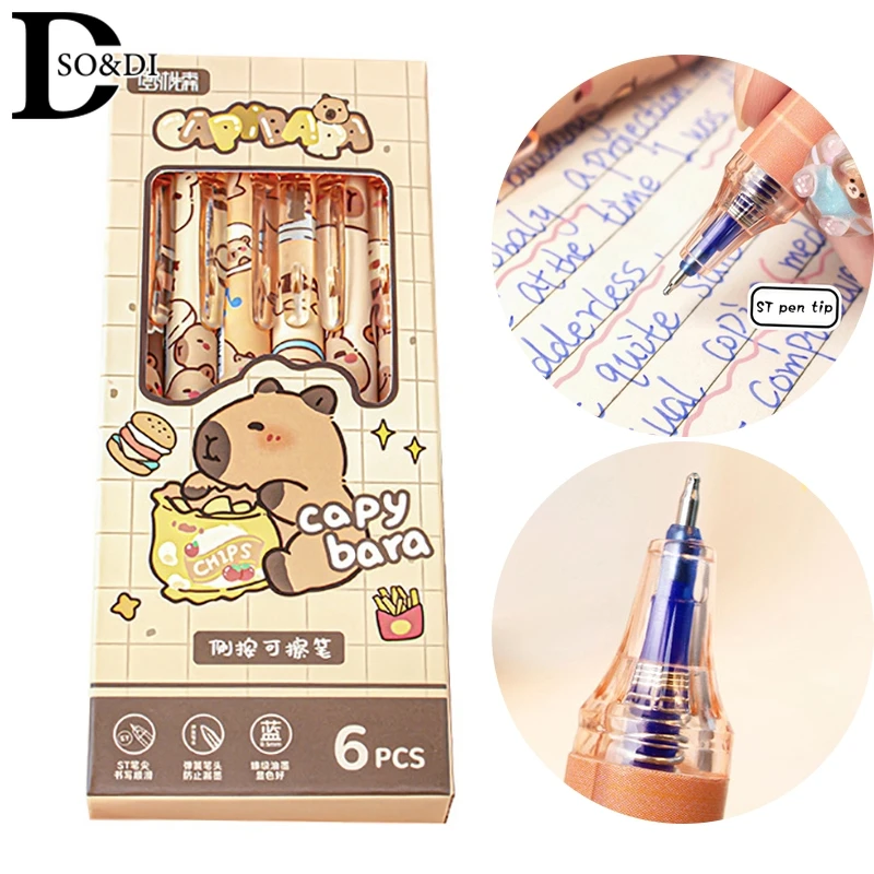 Capybara-Ensemble de stylos à encre noire Kawaii, stylo gel mignon, accessoires de bureau, fournitures scolaires, papeterie esthétique, 6 pièces