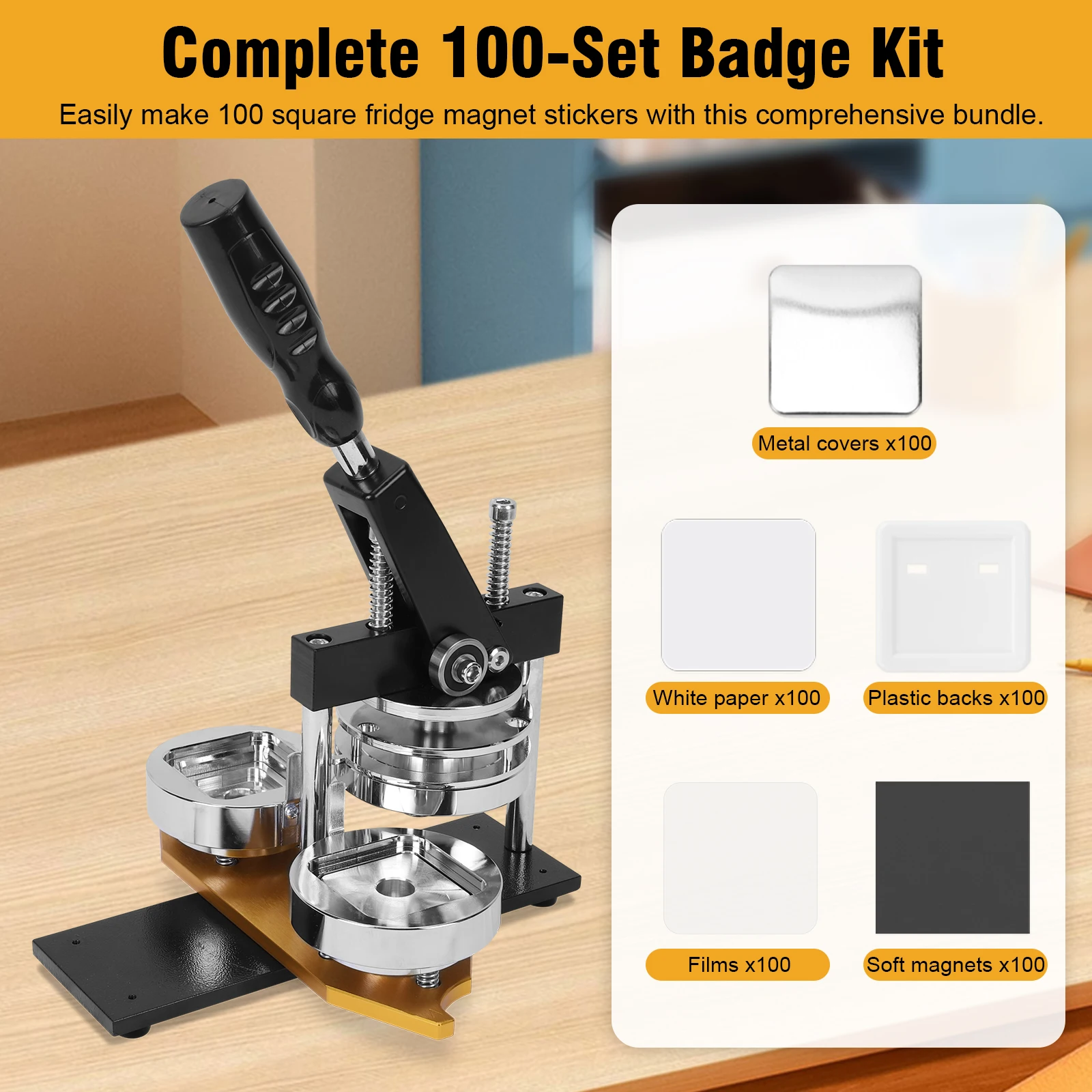 

Square DIY Fridge Button Maker Magnet Press Kit with 100 Pcs Supplies Button Badge Pin Press Machine for Home School Business