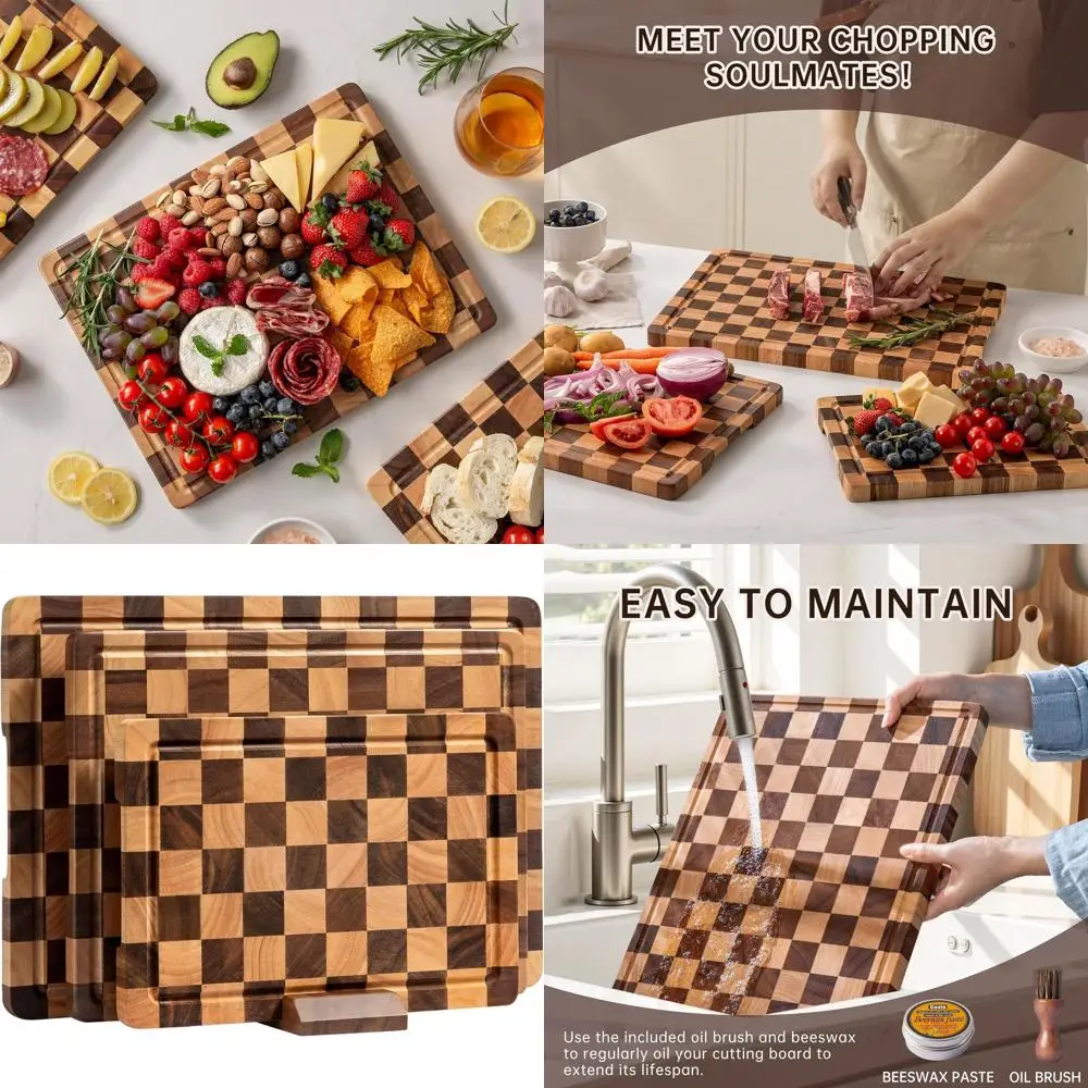 

Acacia Wood Chopping Boards Set, 3-Piece Kitchen Cutting Boards with Juice Grooves and Handles, Serving Trays for Meat, Vegetabl