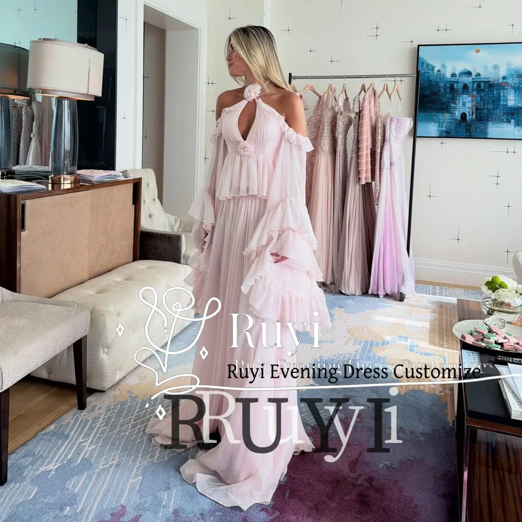 Customized Formal Evening Dress Off Shoulder Light Pink Prom Gown Keyhole Neckline Tiered Ruffled Sleeves Elegant Party Dress