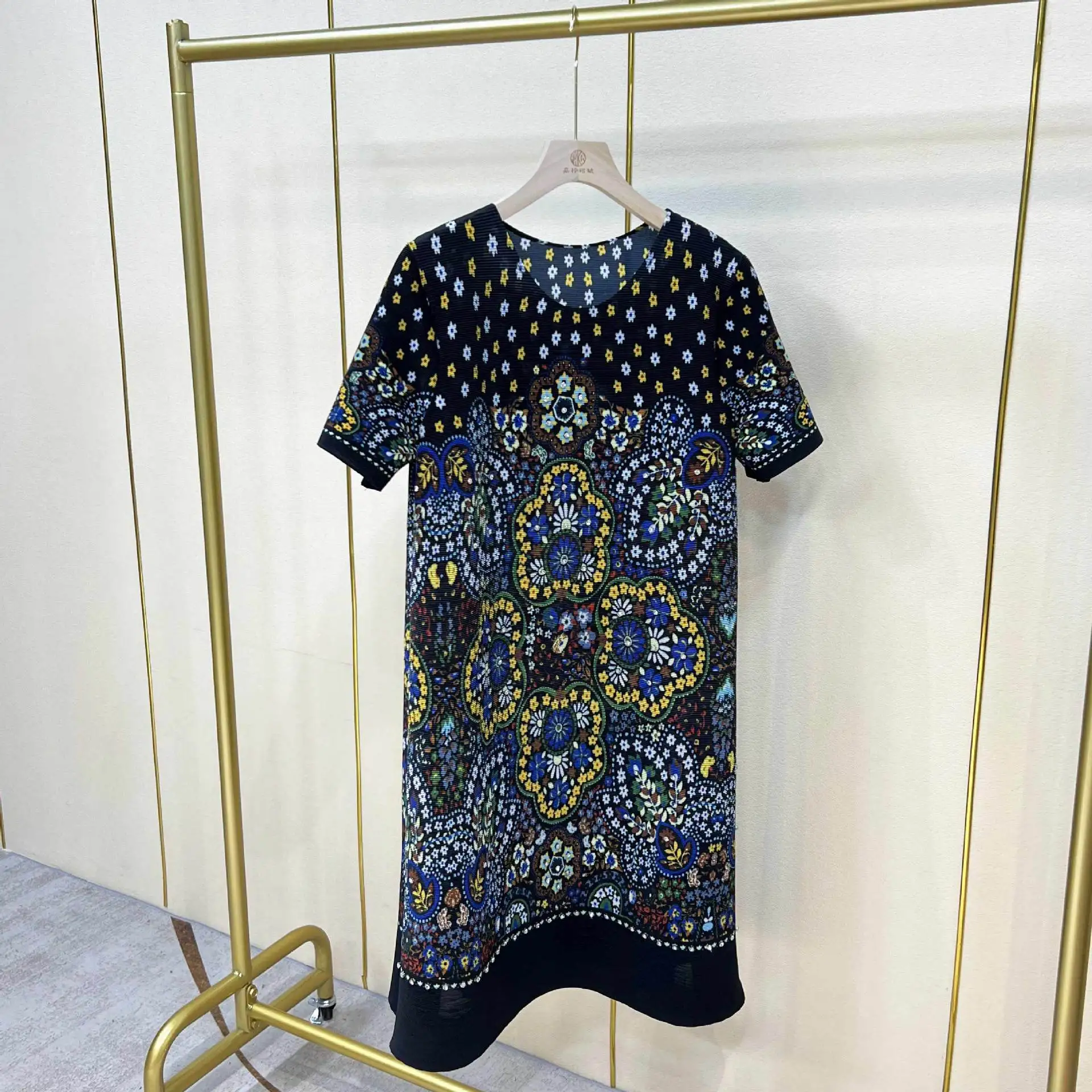 

Summer Dress For Women 2023 New Vintage Loose Little Yellow Printed With Diamonds Short Dress Female
