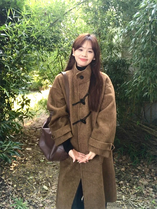 

Extra Large 300 Pou Retro Button Stand Collar Woolen Coat Women's Autumn Winter Thiened Medium Length Tweed Coat