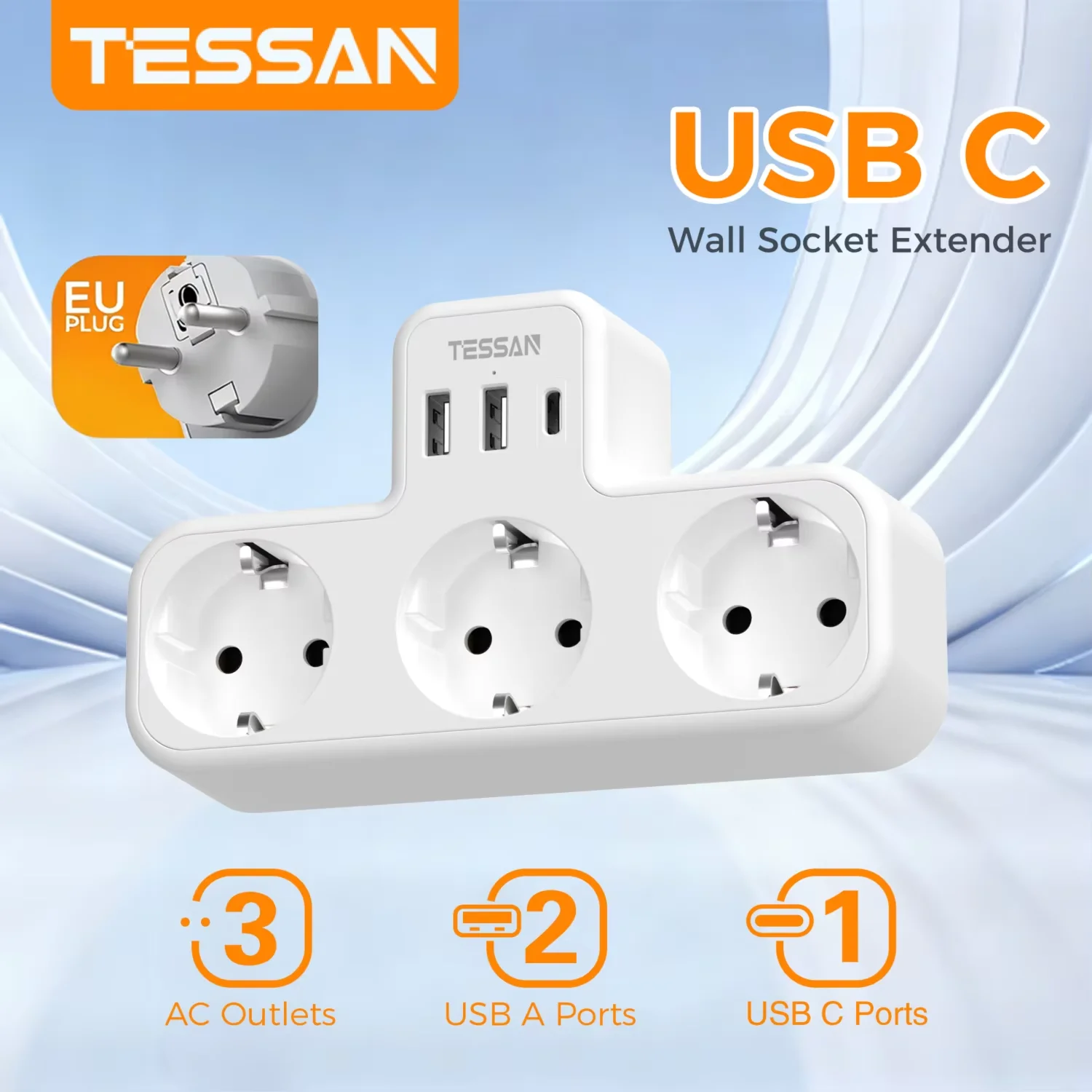 Adapter USB TESSAN 6-w-1 z 3 gniazdami AC i 3 portami USB A, 3600W, 3-kierunkowa listwa zasilająca do domu i biura