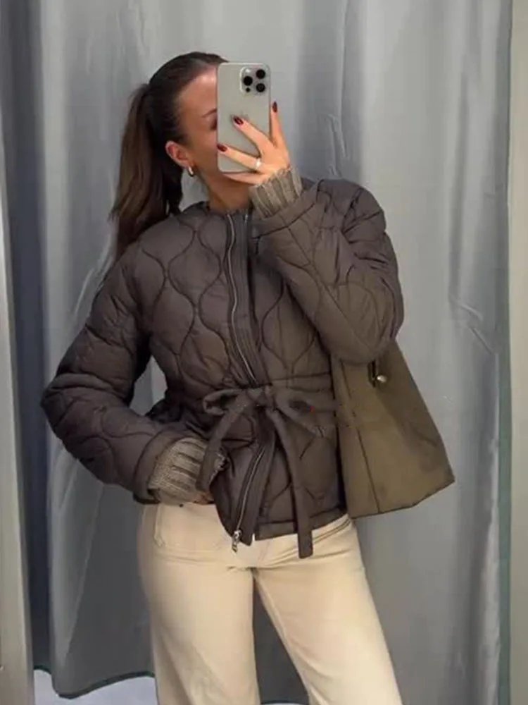 

HH Женская зимняя хлопковая короткая куртка с круглым вырезом на молнии и длинными рукавами с поясом Женская теплая свободная куртка в уличном стиле