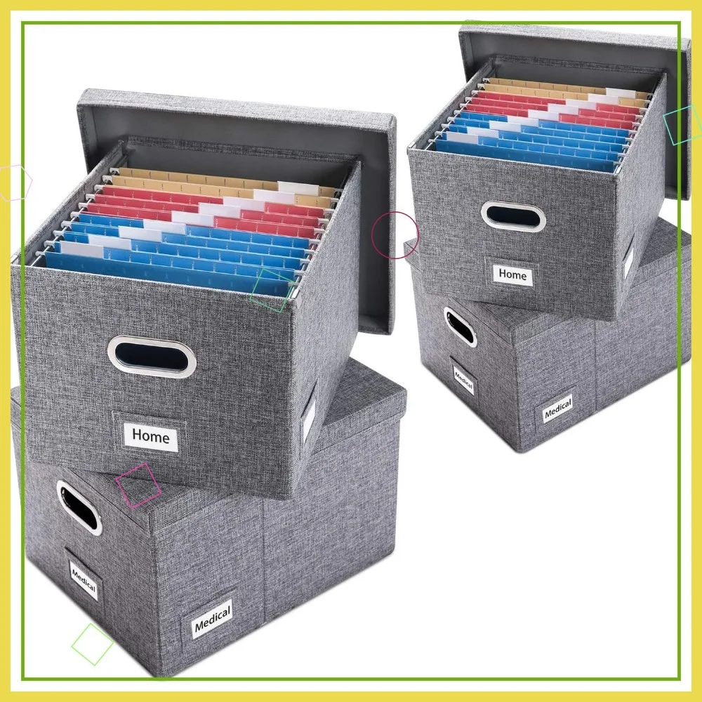 

Collapsible File Organizer Box Set of 4 - Hanging File Folders with Lids for Letter/Legal Size, Grey Linen, 17.1x14x11.1 inch