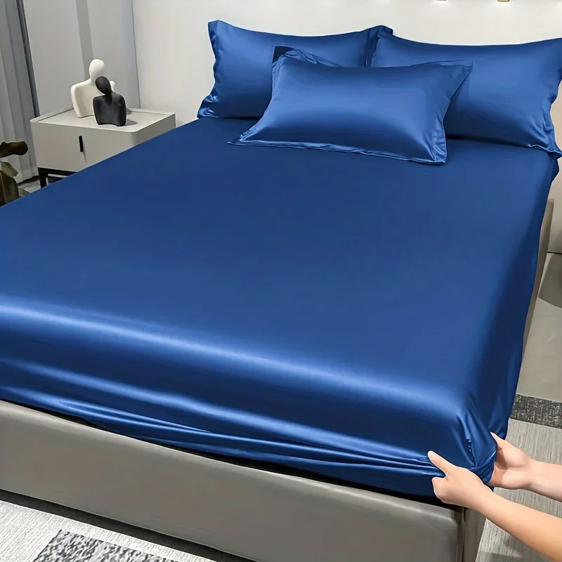 1 Simple Modern Satin Solid Color Fitted Sheet, Solid Color Ice Silk Bedspread For Bedroom, Bedding (Excluding Pillowcases)