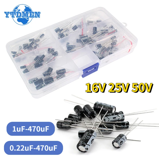 120 sztuk 16V 25V 50V zestaw kondensatorów elektrolitycznych aluminiowych 12 wartości 1uF-470uF, 0.22uF-470uF DIP kondensator elektrolitowy