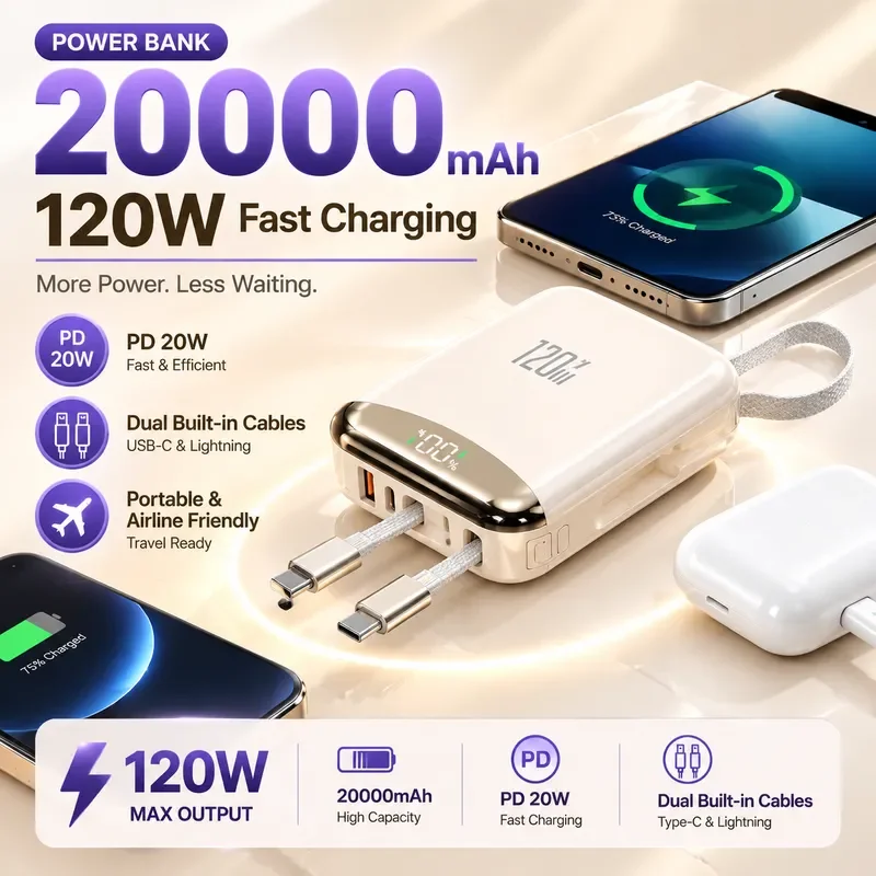 20000mAh Mini Power Bank 66W Fast Charge External Battery for iPhone Xiaomi Huawei CCC Certified Portable Charger