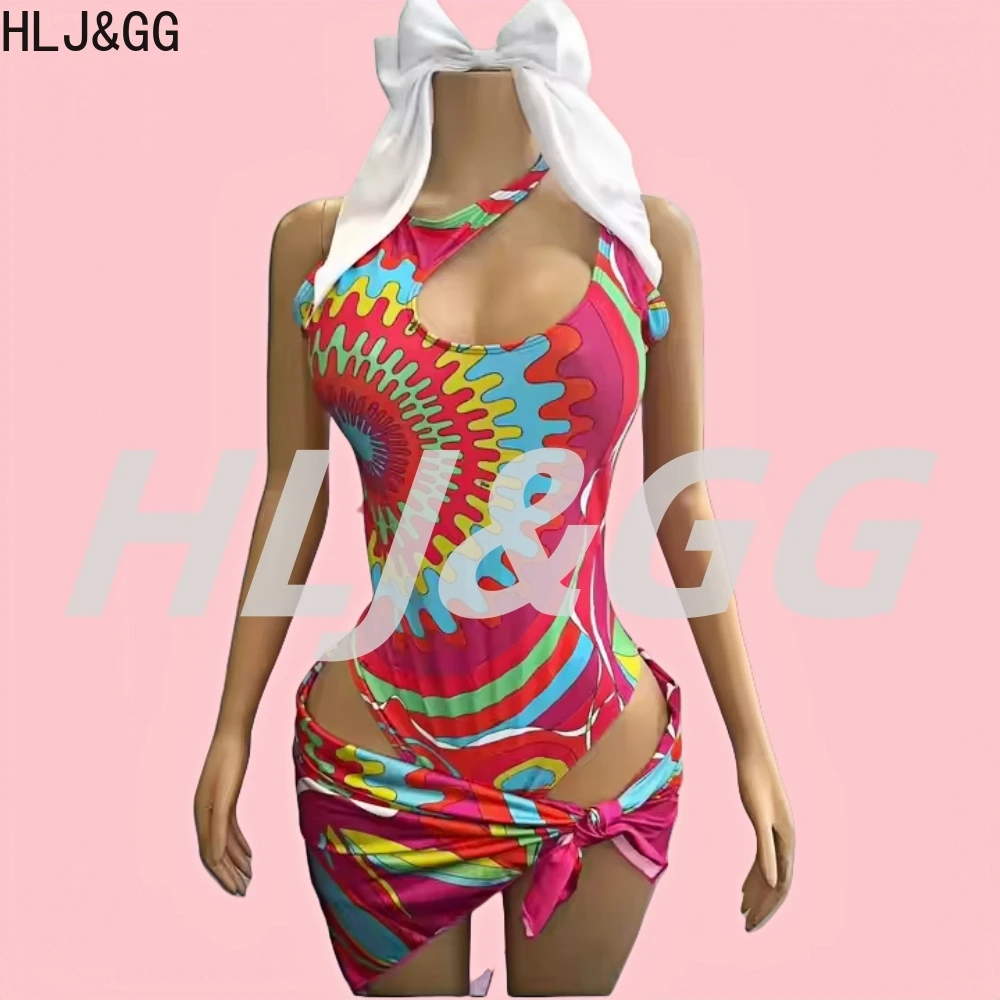 

HLJ&GG Sexy Retro Pattern Print Bikini Swimsuit Sets 2025 Summer New Bodysuits And Scarf Swimwear Female Bathing Suit Beachwear