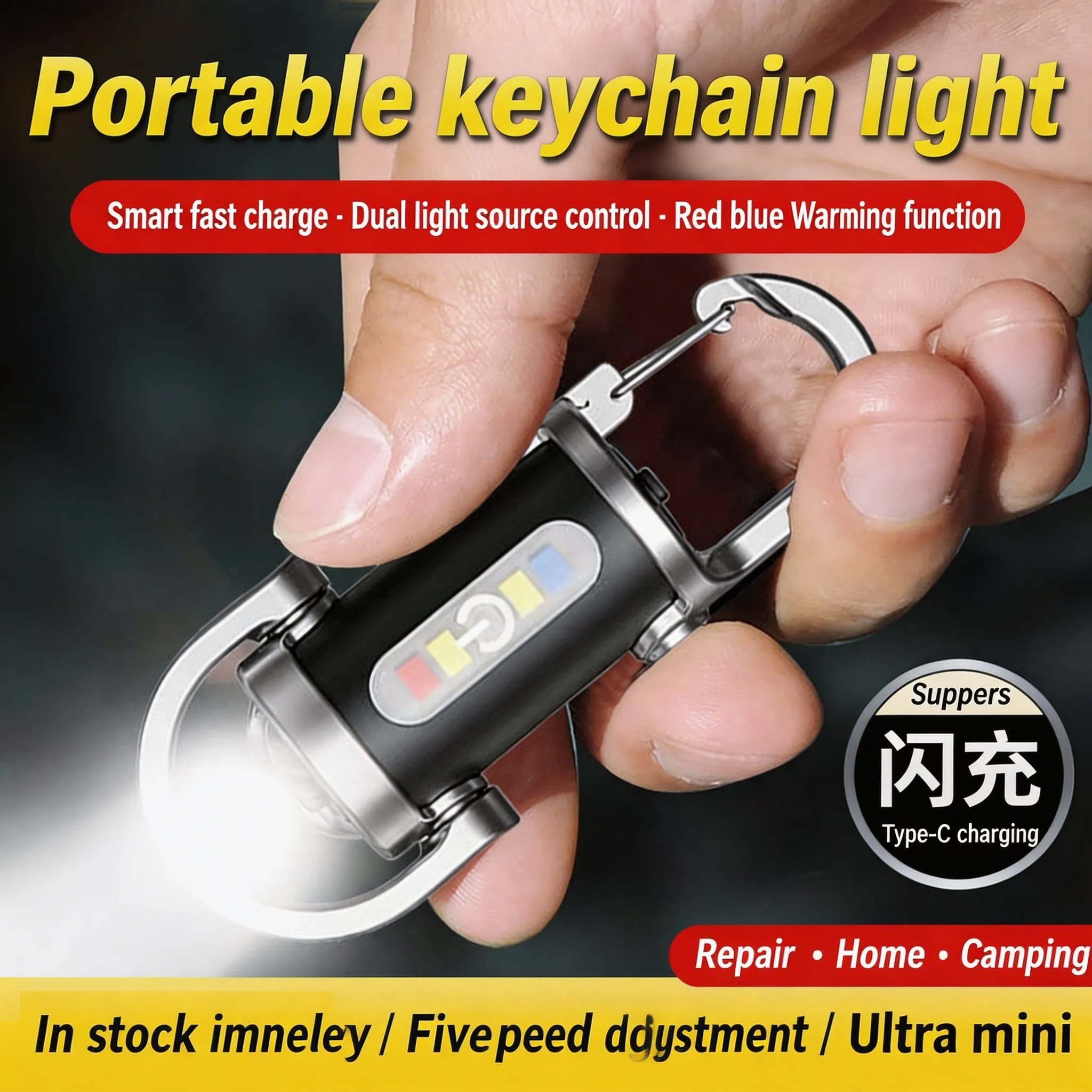Mini COB LED Keychain Light Rechargeable Pocket Working Lamp Outdoor Hook Emergency Warning Flashlight for Daily Travel