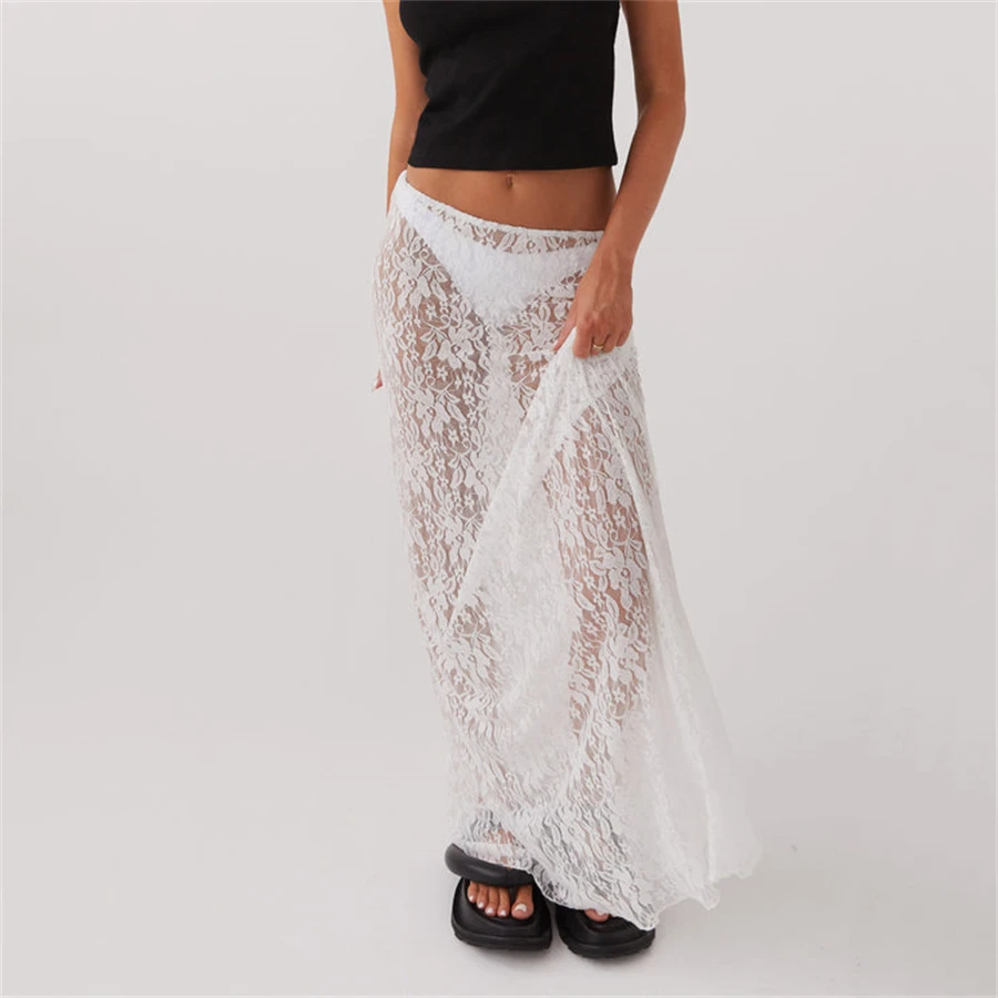 Y2K White Fairycore Boho Floral Lace Maxi Skirts Womens Sheer Low Waist Vintage Long Skirts 2024 Summer Harajuku Holiday Outfits