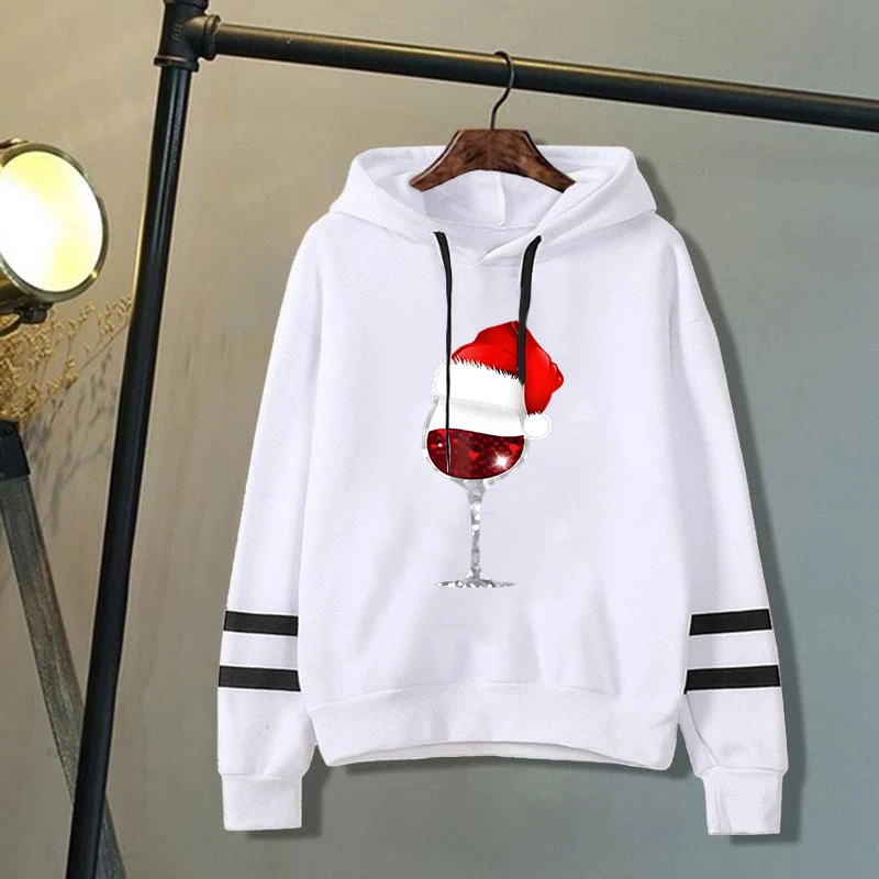 New Christmas Red Wine Glass Print Hoodies Women Spring Autumn Fashion Pullovers Ladies Solid Color Hooded Full Sleeve Sweatshir