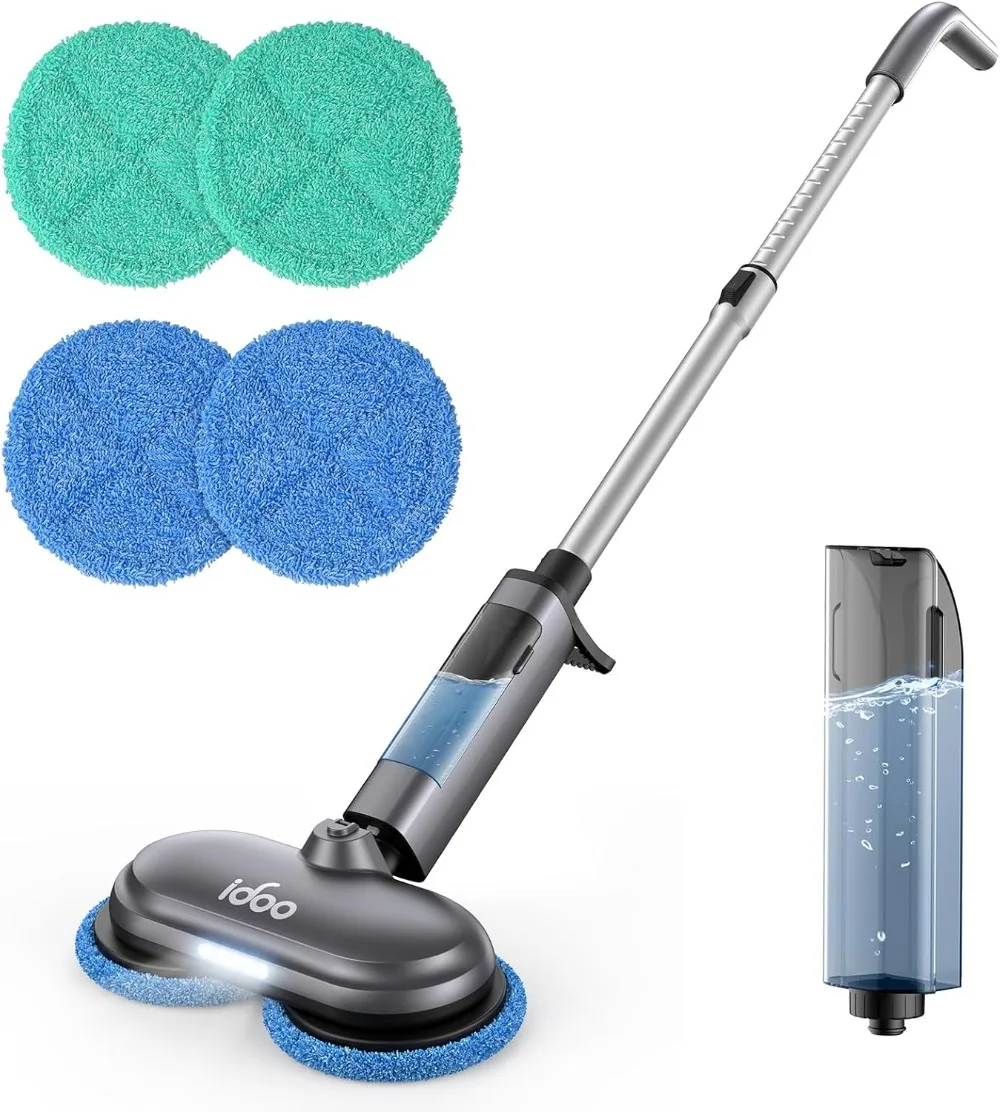 iDOO Fregona Electrica, Mopas de Limpieza Suelos, Fregasuelos, Recargable, con Pulverizador, Faro Luz LED, 350 ml, Limpiador de