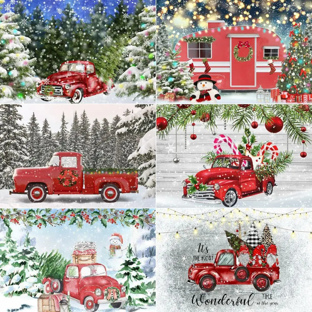 

Зимний Рождественский фон для фотосъемки Рождественская елка Красный грузовик Снежинка Венок Снеговик Лампа Украсить праздничный семейный фон