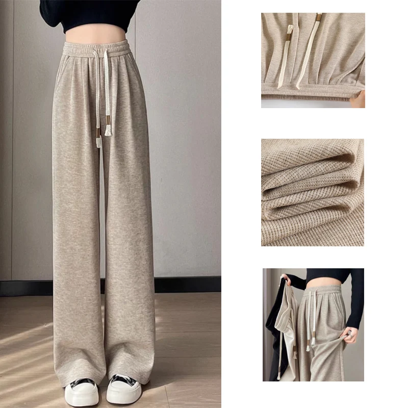 Autumn Women Cotton Elastic High Waisted Sweatpants Lady Solid Leisure Daily Wide Leg Straight Leg Trousers