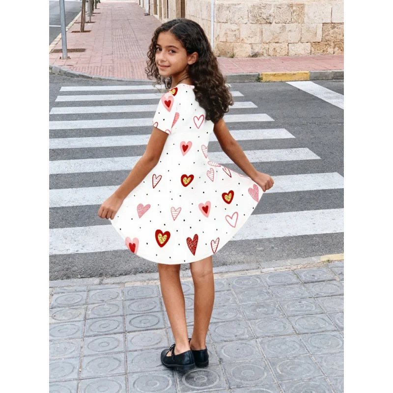 2025Girls Short Sleeve Dress - Cute Heart Print Flowy Sundress for Kids, Valentine's Day Casual Party Dress