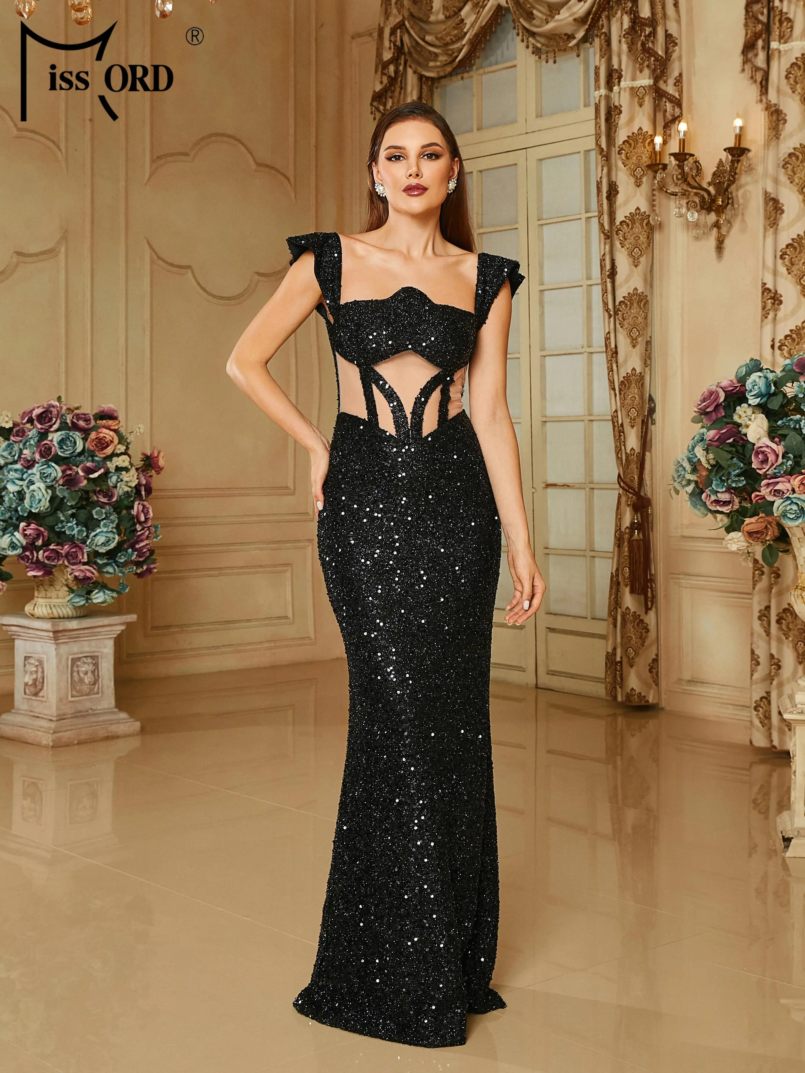 Missord-Vestido de lantejoulas preto recortado feminino, elegante, bonito, luxo, alta qualidade, festa noturna