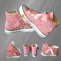 Pink High Top Ribbon Canvas Shoes Pearl Walking Rhinestone Comfort Sneakers Handmade Pearl Unisex Vulcanized Shoes 35-46