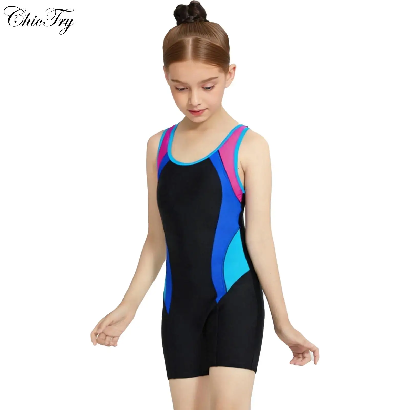 

Цельный тренировочный купальник для девочек, спортивный купальник без рукавов с цветными блоками и шортами для занятий плаванием и пляжного отдыха