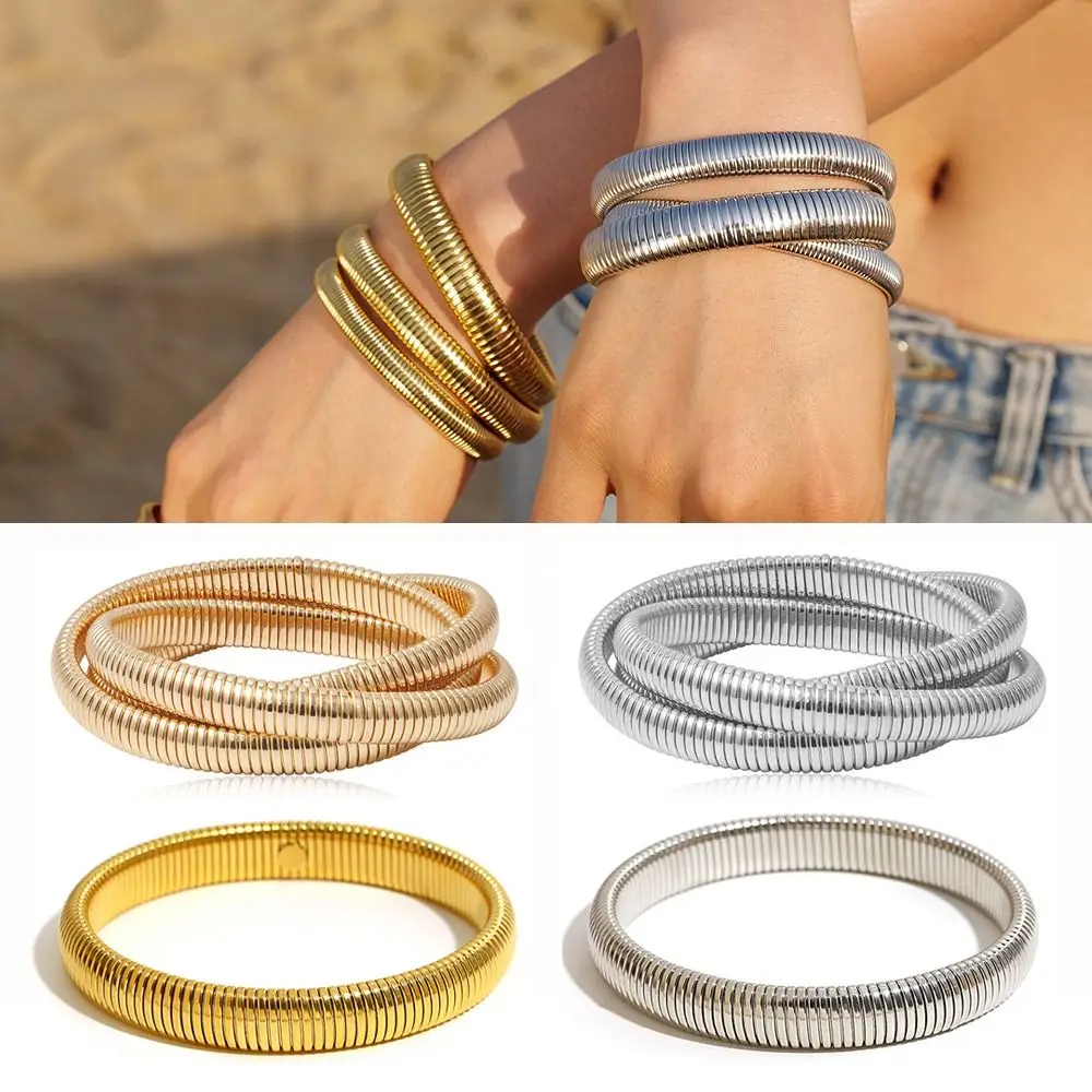 Waterproof Stainless Steel Elastic Bracelet for Women Punk Style Vintage Simple Design Hip Hop Spiral Bangle Girls