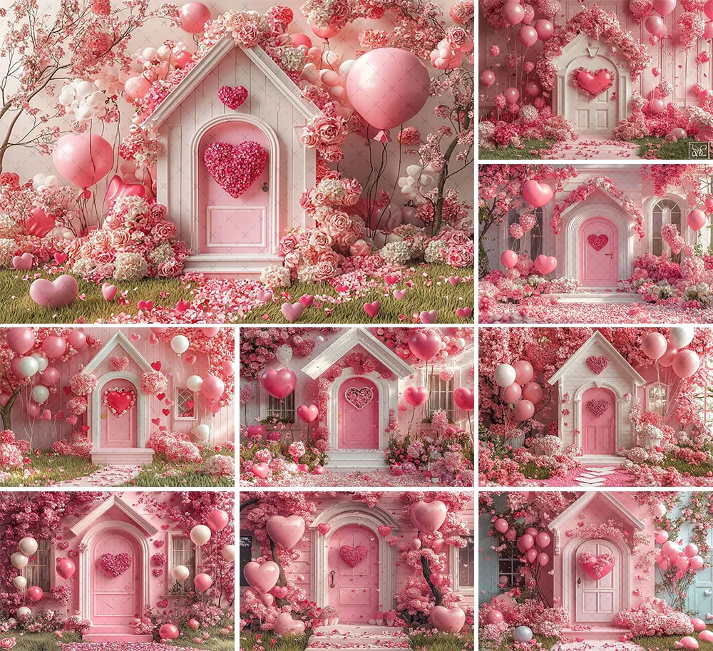 

Mehofond Photography Background Valentine's Day Pink House Floral Balloon Love Kid Birthday Portrait Decor Backdrop Photo Studio