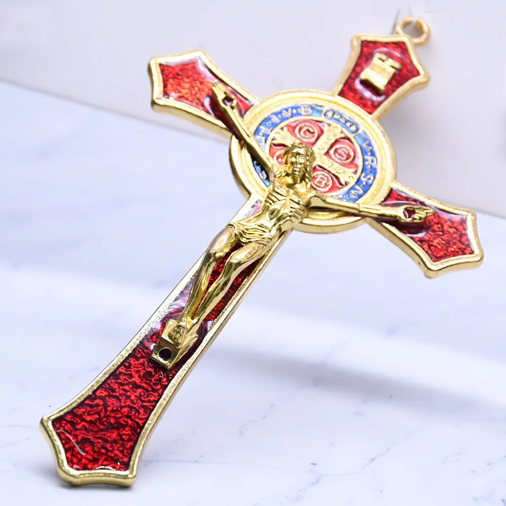 رسمت باليد المينا الصليب قلادة معدنية ديكور للتعليق على الحائط لغرفة المعيشة خمر فن المنزل الديني (الذهب/أسود) ديكور عام