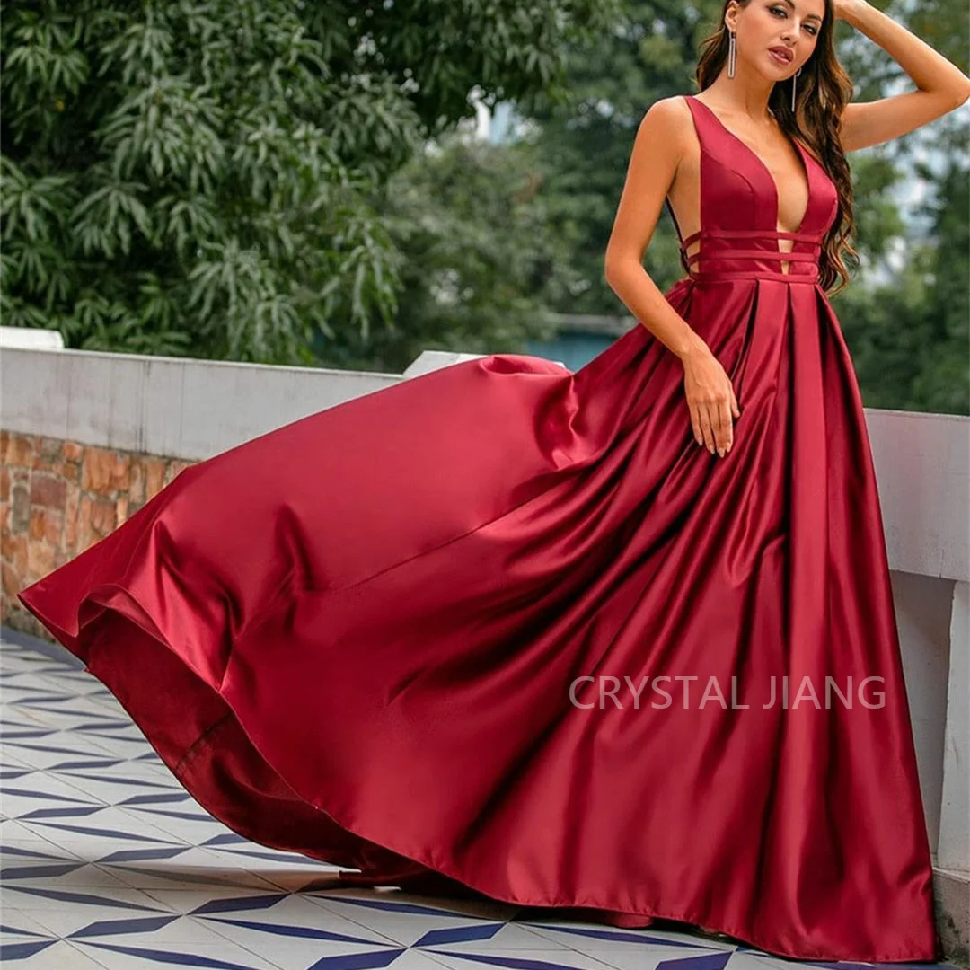 2023New Arrival Long Satin V-Neck Evening Dresses فساتين السهرة A-Line Open Back Sweep Train Prom Dress Robe de soirée for Women