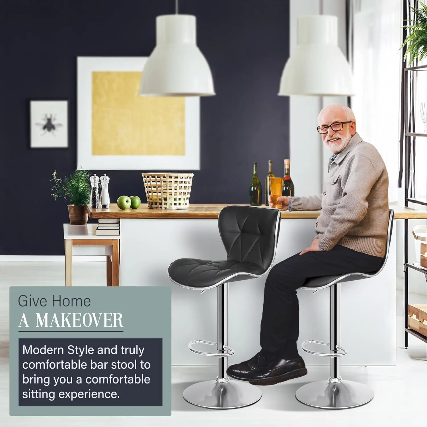 Conjunto de 4 bancos de bar giratórios ajustáveis, altura de balcão, encosto em couro PU, bancos altos pretos modernos