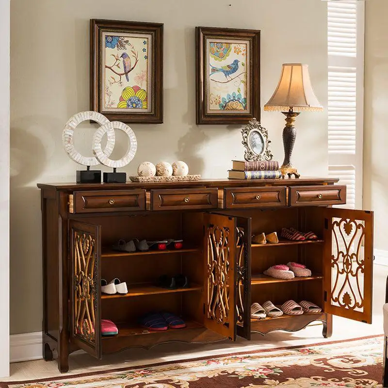 Walnut American shoe cabinet Entrance cabinet Solid wood four-bucket four-door rubber wood dining side cabinet