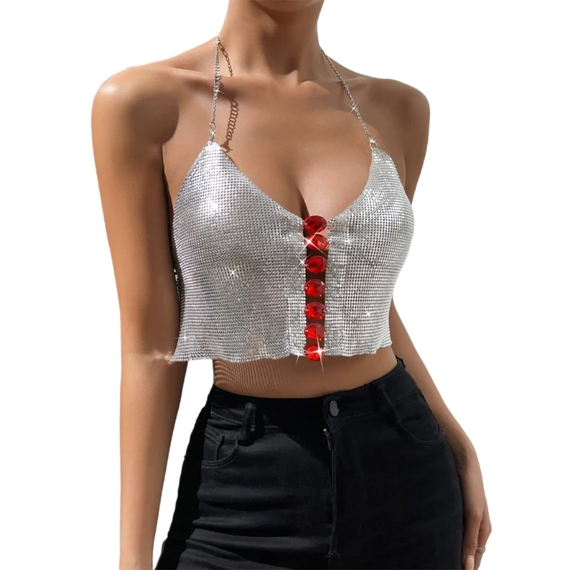 

Women Nightclub Metallic Sequins Chain Body Jewelry Backless Camisole Crop Top P8DB