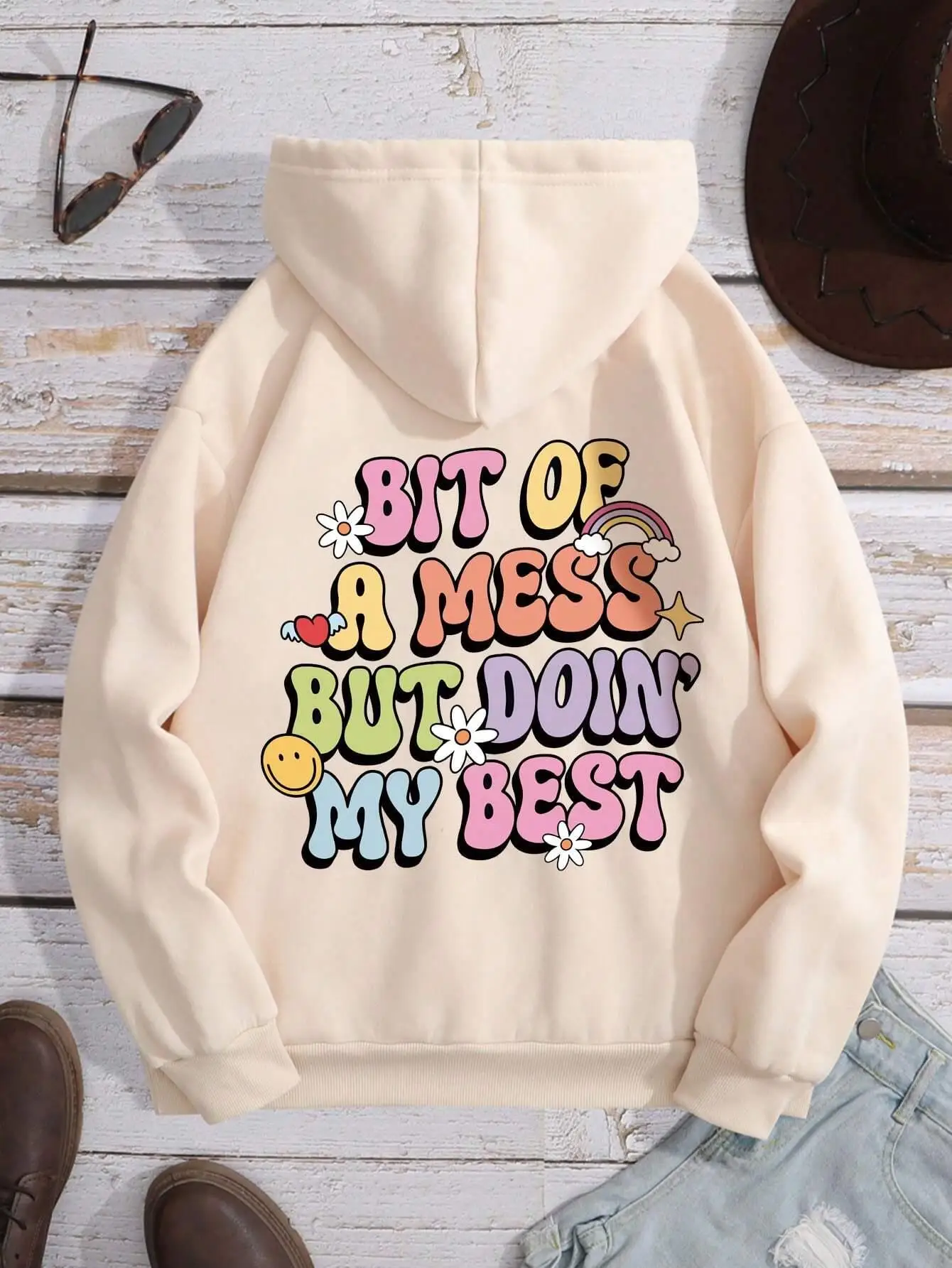 Bit Of A Mess But Doin My Best Letter Print Hoodie Women Fashion Comfortable Hoody Street Soft Sweatshirt Warm Fleece Tracksuit