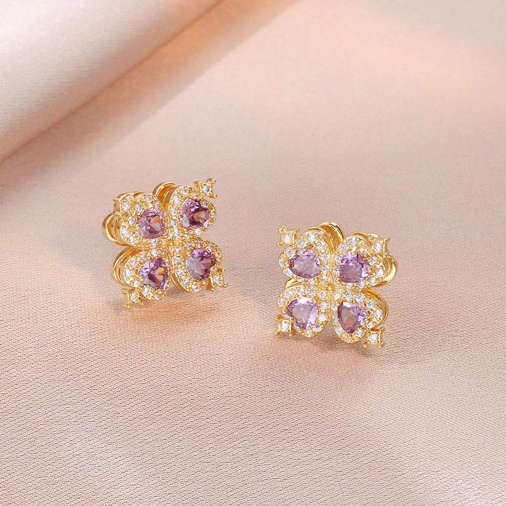 Sweet Rotating Flower Purple Zircon Pendant Necklace Ring Set for Women Girls Stainless Steel Chain Party Accessories Jewelry
